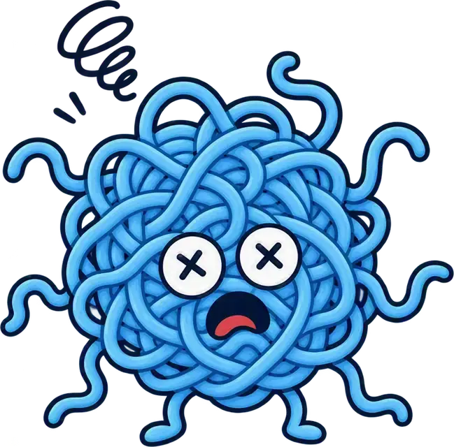 The Clarity Monster: a tangled ball of blue yarn with x-x eyes